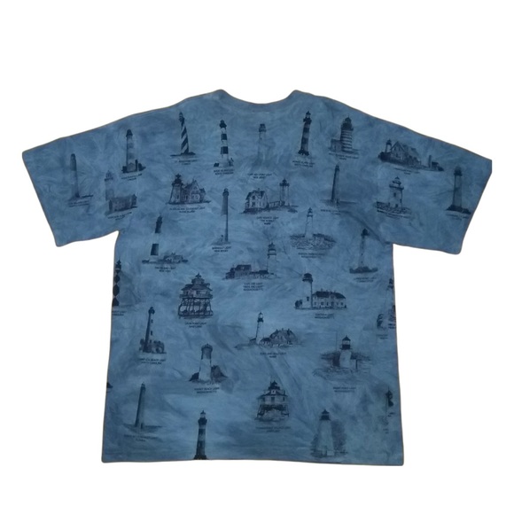 Vintage 90s Art Unlimited Lighthouse AOP All Over Lighthouses Tee Blue Md - Picture 2 of 10